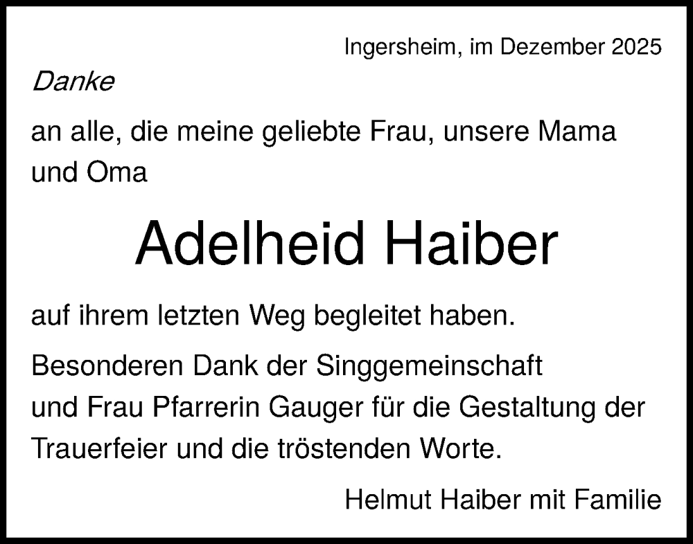  Traueranzeige für Adelheid Haiber vom 11.12.2025 aus Bietigheimer Zeitung