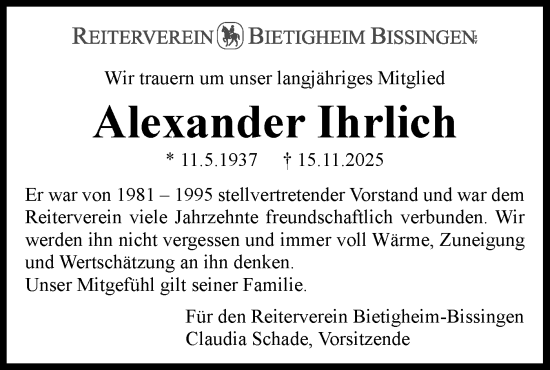 Traueranzeige von Alexander Ihrlich von Bietigheimer Zeitung