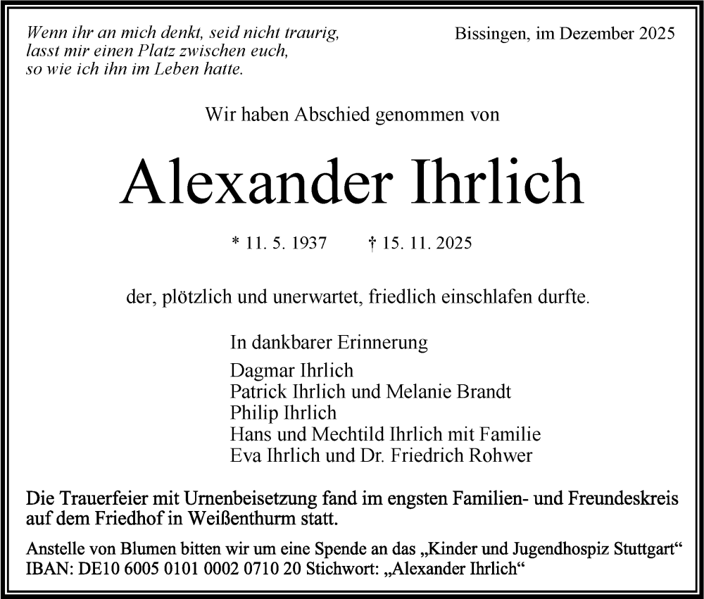  Traueranzeige für Alexander Ihrlich vom 06.12.2025 aus Bietigheimer Zeitung