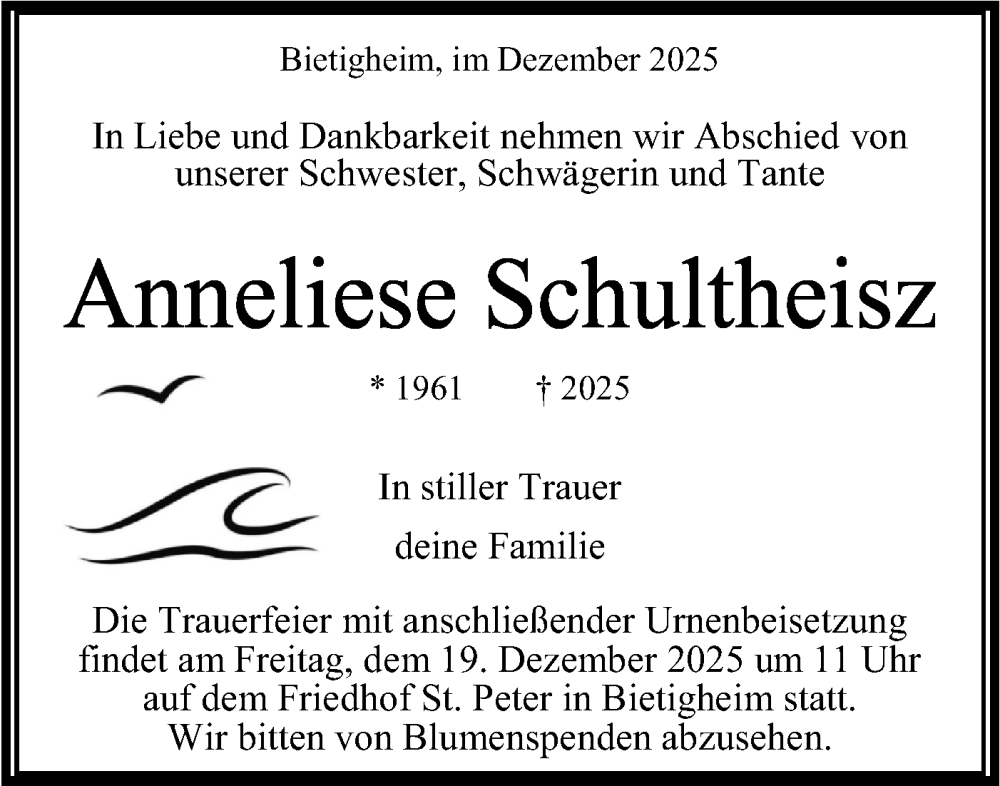  Traueranzeige für Anneliese Schultheisz vom 15.12.2025 aus Bietigheimer Zeitung