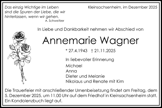 Traueranzeige von Annemarie Wagner von Bietigheimer Zeitung