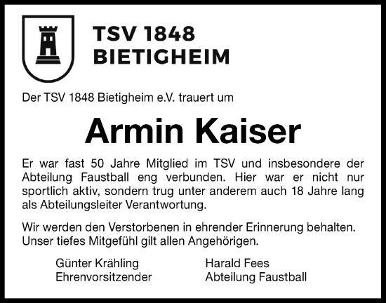 Traueranzeige von Armin Kaiser von Bietigheimer Zeitung
