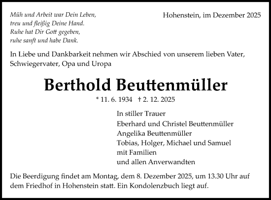 Traueranzeige von Berthold Beuttenmüller von Bietigheimer Zeitung