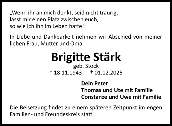 Traueranzeige von Brigitte Stärk von Bietigheimer Zeitung