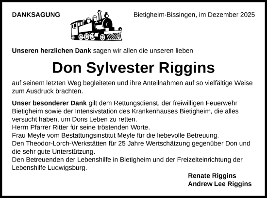 Traueranzeige von Don Sylvester Riggins von Bietigheimer Zeitung