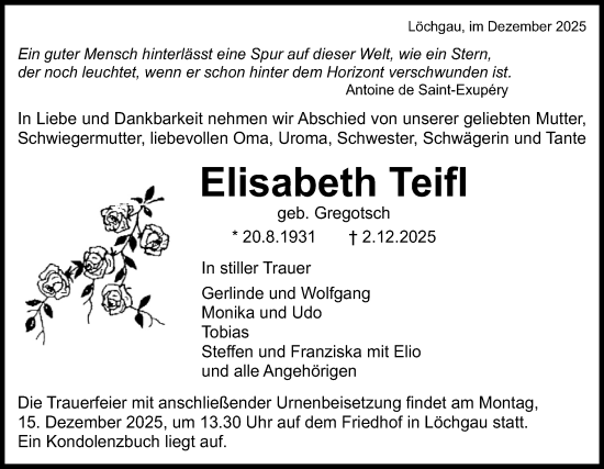 Traueranzeige von Elisabeth Teifl von Bietigheimer Zeitung