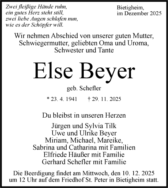 Traueranzeige von Else Beyer von Bietigheimer Zeitung