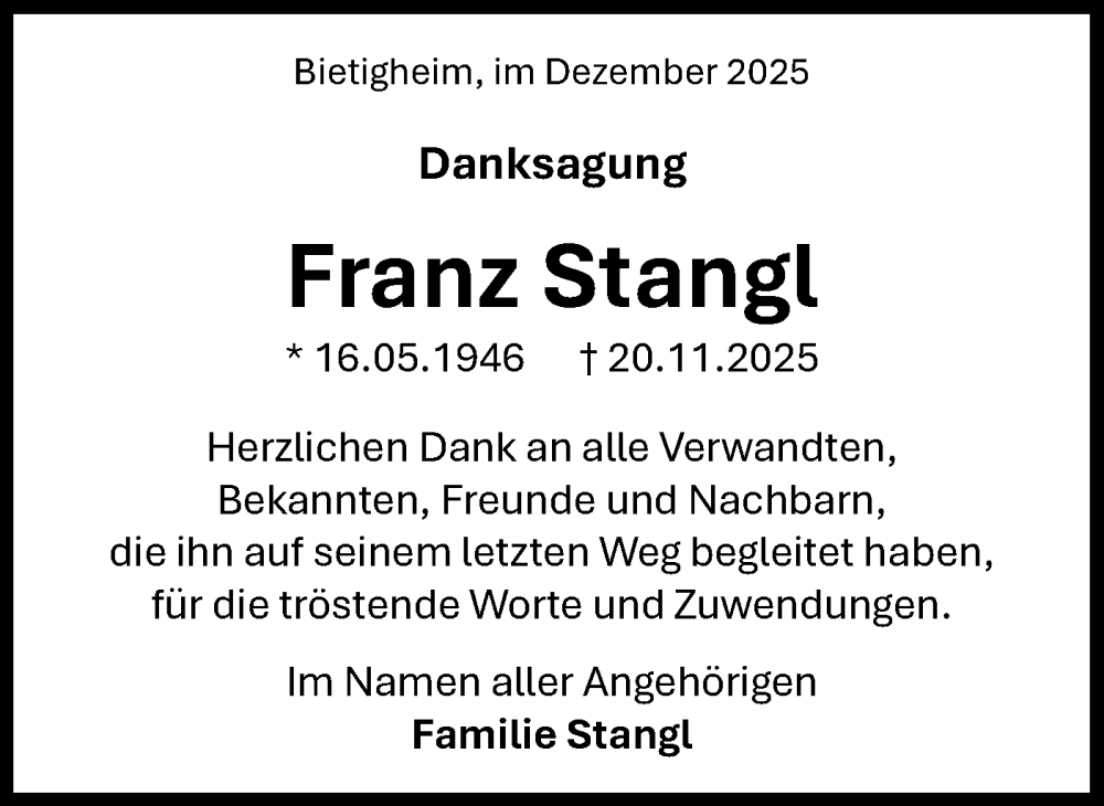  Traueranzeige für Franz Stangl vom 06.12.2025 aus Bietigheimer Zeitung