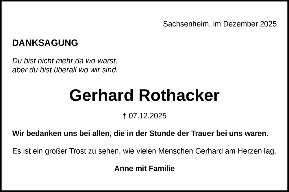  Traueranzeige für Gerhard Rothacker vom 30.12.2025 aus Bietigheimer Zeitung