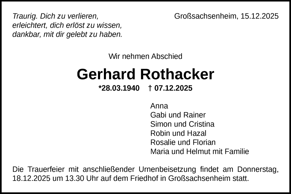  Traueranzeige für Gerhard Rothacker vom 15.12.2025 aus Bietigheimer Zeitung