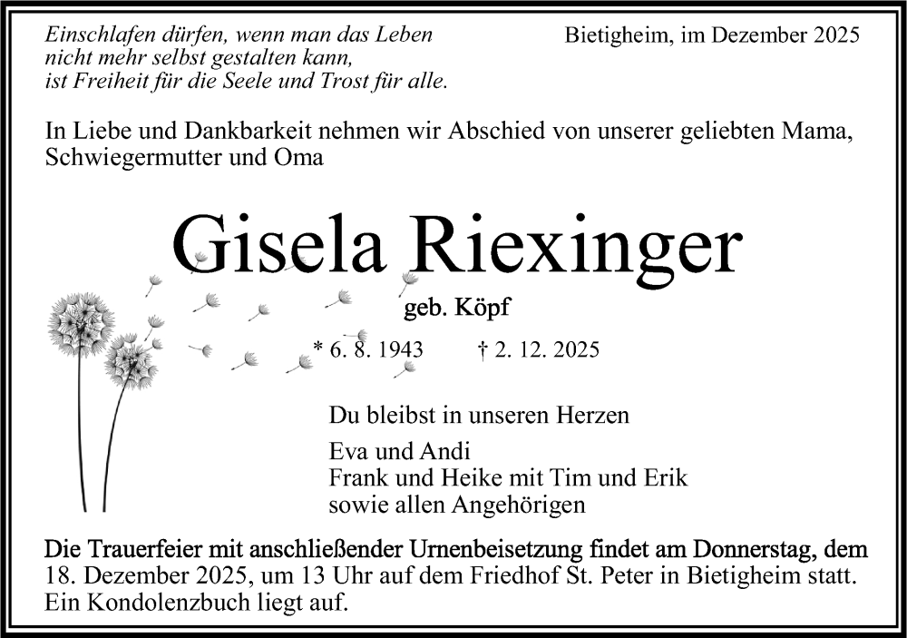  Traueranzeige für Gisela Riexinger vom 13.12.2025 aus Bietigheimer Zeitung