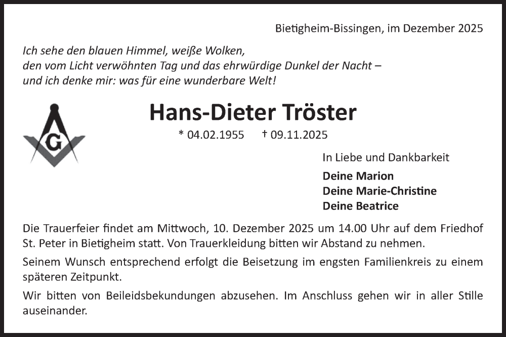  Traueranzeige für Hans-Dieter Tröster vom 06.12.2025 aus Bietigheimer Zeitung