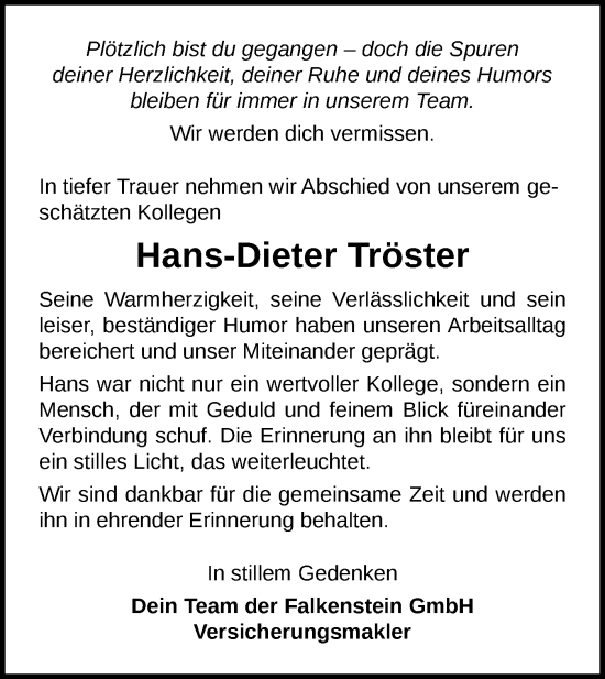 Traueranzeige von Hans-Dieter Tröster von Bietigheimer Zeitung