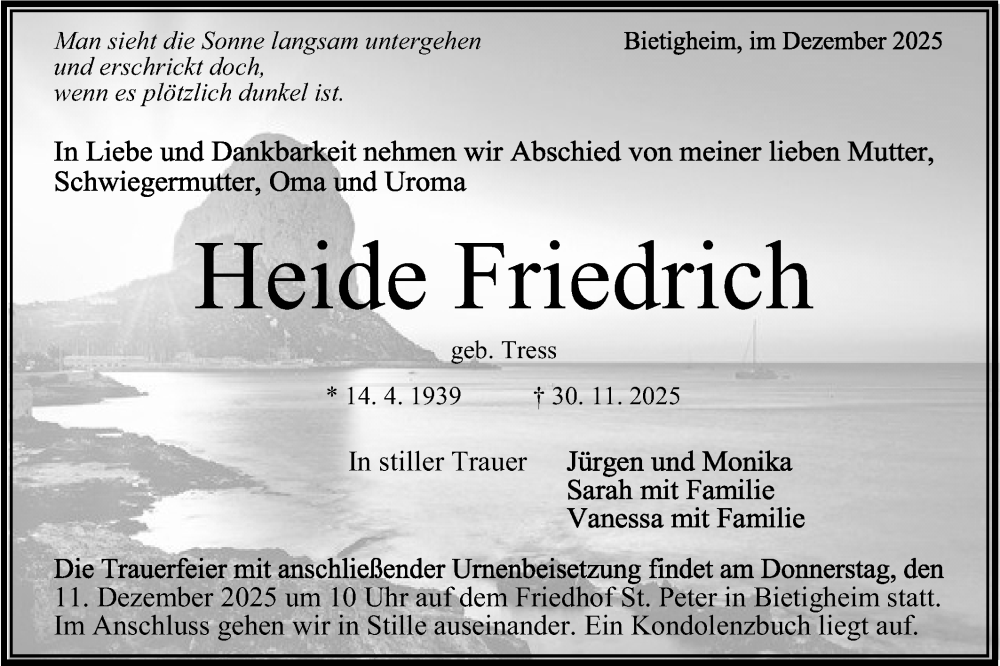  Traueranzeige für Heide Friedrich vom 06.12.2025 aus Bietigheimer Zeitung