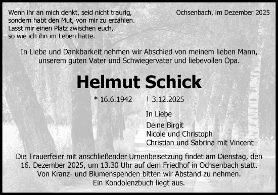 Traueranzeige von Helmut Schick von Bietigheimer Zeitung