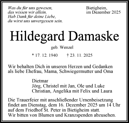 Traueranzeige von Hildegard Damaske von Bietigheimer Zeitung