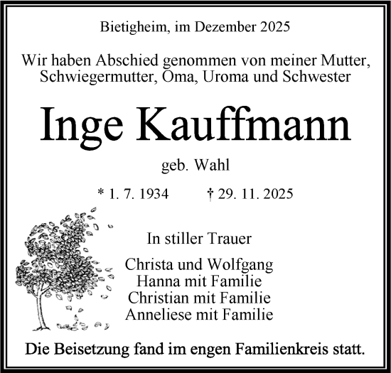 Traueranzeige von Inge Kauffmann von Bietigheimer Zeitung