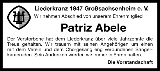 Traueranzeige von Patriz Abele von Bietigheimer Zeitung