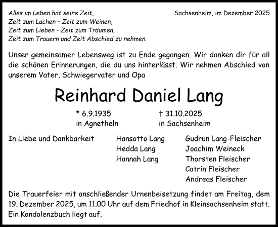Traueranzeige von Reinhard Daniel Lang von Bietigheimer Zeitung