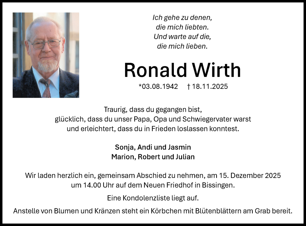  Traueranzeige für Ronald Wirth vom 06.12.2025 aus Bietigheimer Zeitung