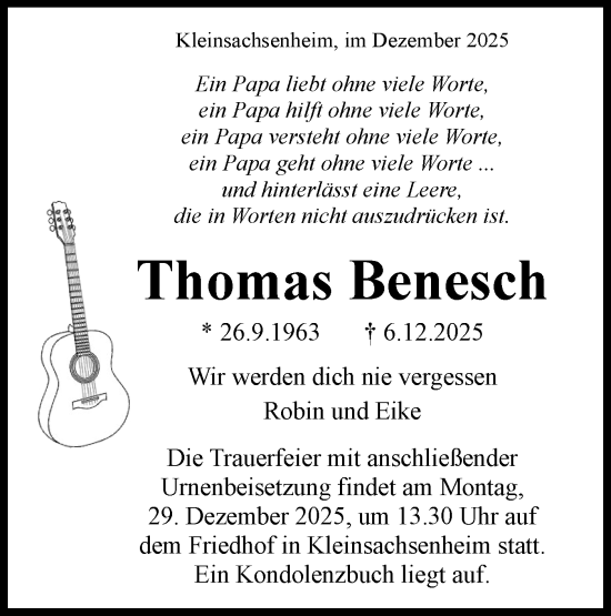 Traueranzeige von Thomas Benesch von Bietigheimer Zeitung