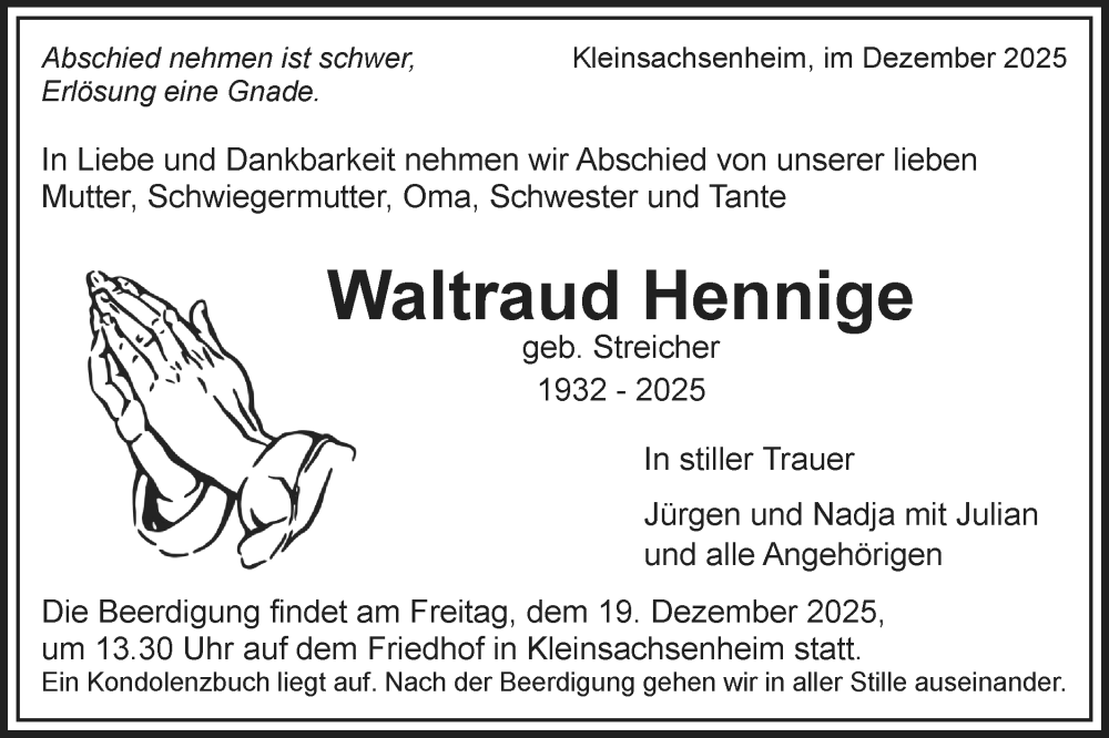  Traueranzeige für Waltraud Hennige vom 17.12.2025 aus Bietigheimer Zeitung
