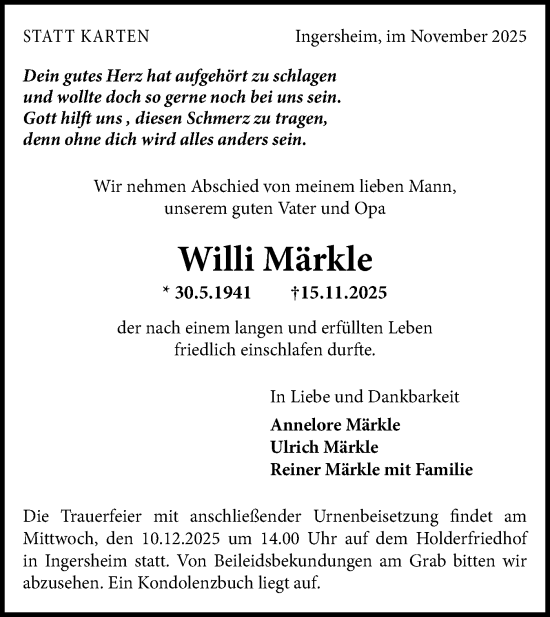 Traueranzeige von Willi Märkle von Bietigheimer Zeitung