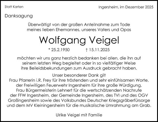 Traueranzeige von Wolfgang Veigel von Bietigheimer Zeitung