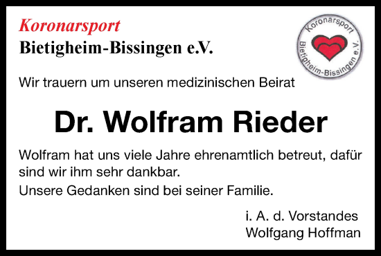 Traueranzeige von Wolfram Rieder von Bietigheimer Zeitung