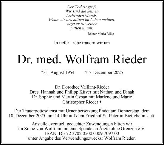 Traueranzeige von Wolfram Rieder von Bietigheimer Zeitung