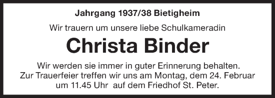 Traueranzeige von Christa Binder von Bietigheimer Zeitung