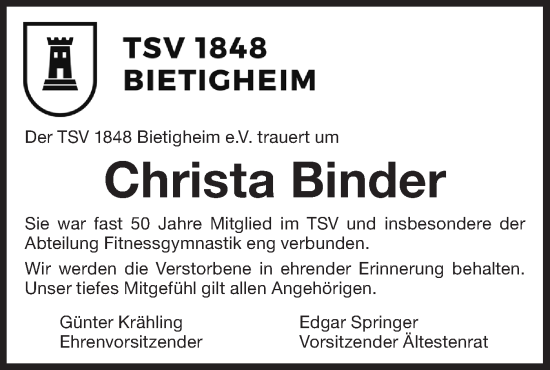 Traueranzeige von Christa Binder von Bietigheimer Zeitung