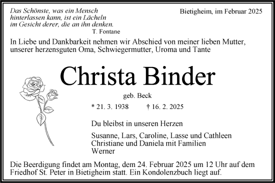 Traueranzeige von Christa Binder von Bietigheimer Zeitung