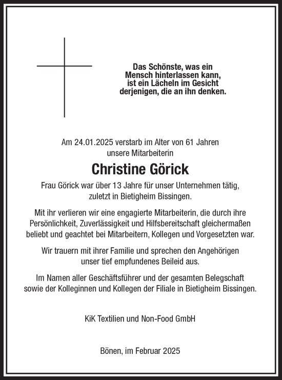 Traueranzeige von Christine Görick von Bietigheimer Zeitung