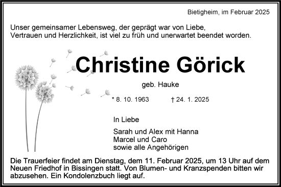 Traueranzeige von Christine Görick von Bietigheimer Zeitung