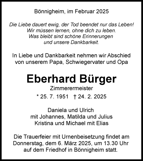 Traueranzeige von Eberhard Bürger von Bietigheimer Zeitung