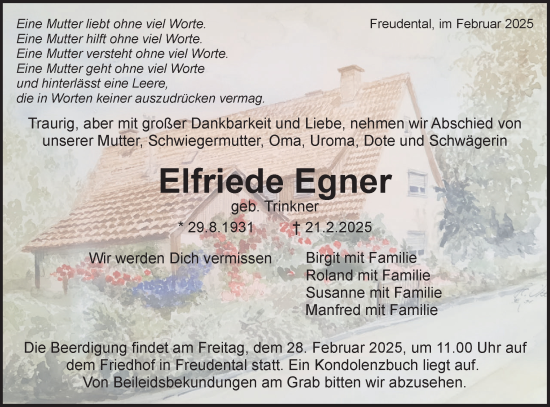 Traueranzeige von Elfriede Egner von Bietigheimer Zeitung