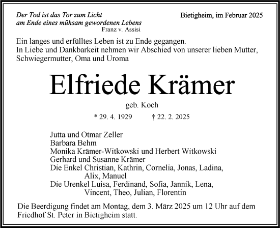 Traueranzeige von Elfriede Krämer von Bietigheimer Zeitung