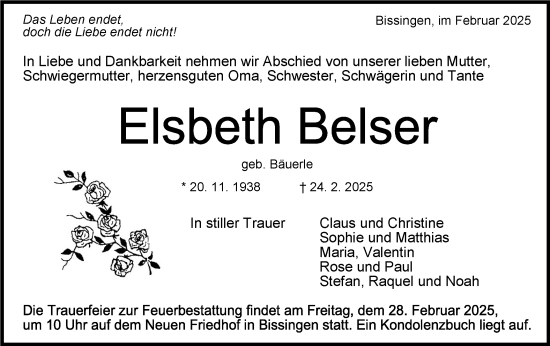 Traueranzeige von Elsbeth Belser von Bietigheimer Zeitung