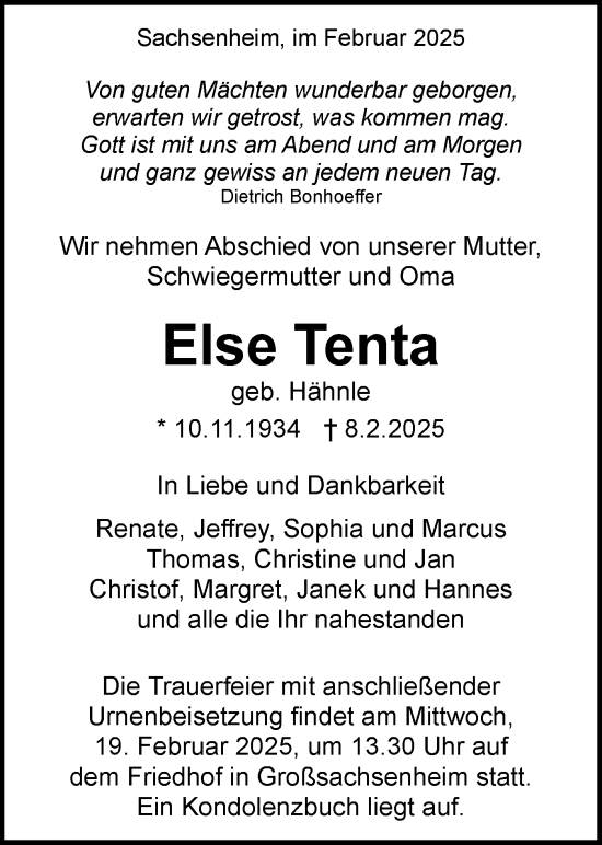 Traueranzeige von Else Tenta von Bietigheimer Zeitung