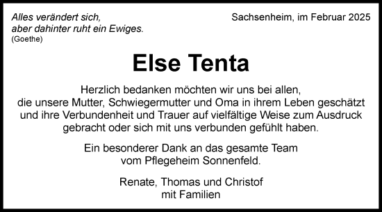 Traueranzeige von Else Tenta von Bietigheimer Zeitung