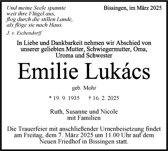 Traueranzeige von Emilie Lukacs von Bietigheimer Zeitung