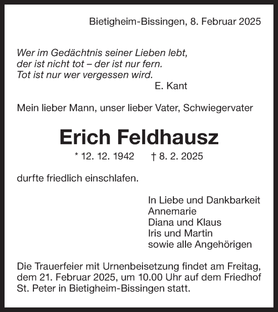 Traueranzeige von Erich Feldhausz von Bietigheimer Zeitung