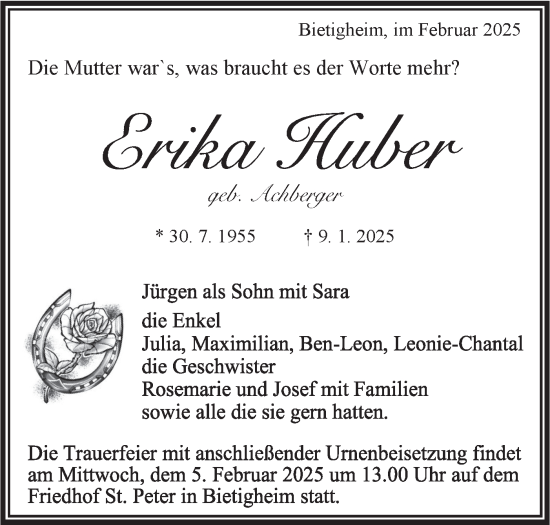 Traueranzeige von Erika Huber von Bietigheimer Zeitung