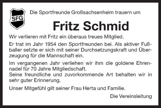 Traueranzeige von Fritz Schmid von Bietigheimer Zeitung