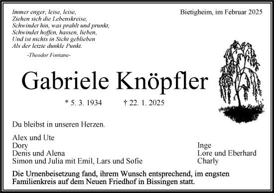 Traueranzeige von Gabriele Knöpfler von Bietigheimer Zeitung