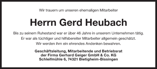 Traueranzeige von Gerd Heubach von Bietigheimer Zeitung