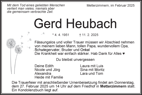 Traueranzeige von Gerd Heubach von Bietigheimer Zeitung