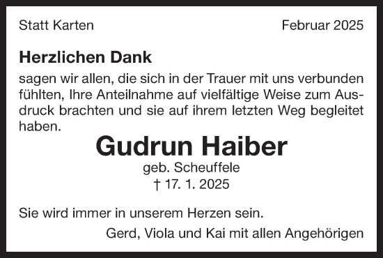 Traueranzeige von Gudrun Haiber von Bietigheimer Zeitung