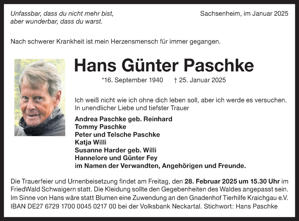  Traueranzeige für Hans Günter Paschke vom 22.02.2025 aus Bietigheimer Zeitung